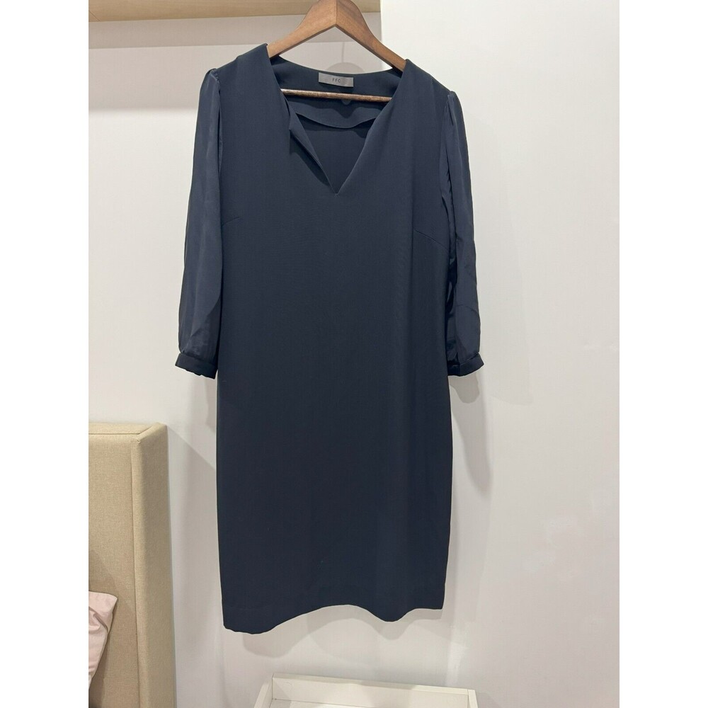 FFC Womens 42 (XL) Gray Long Sleeve Silk Notch Neck Chiffon Shift Dress Career